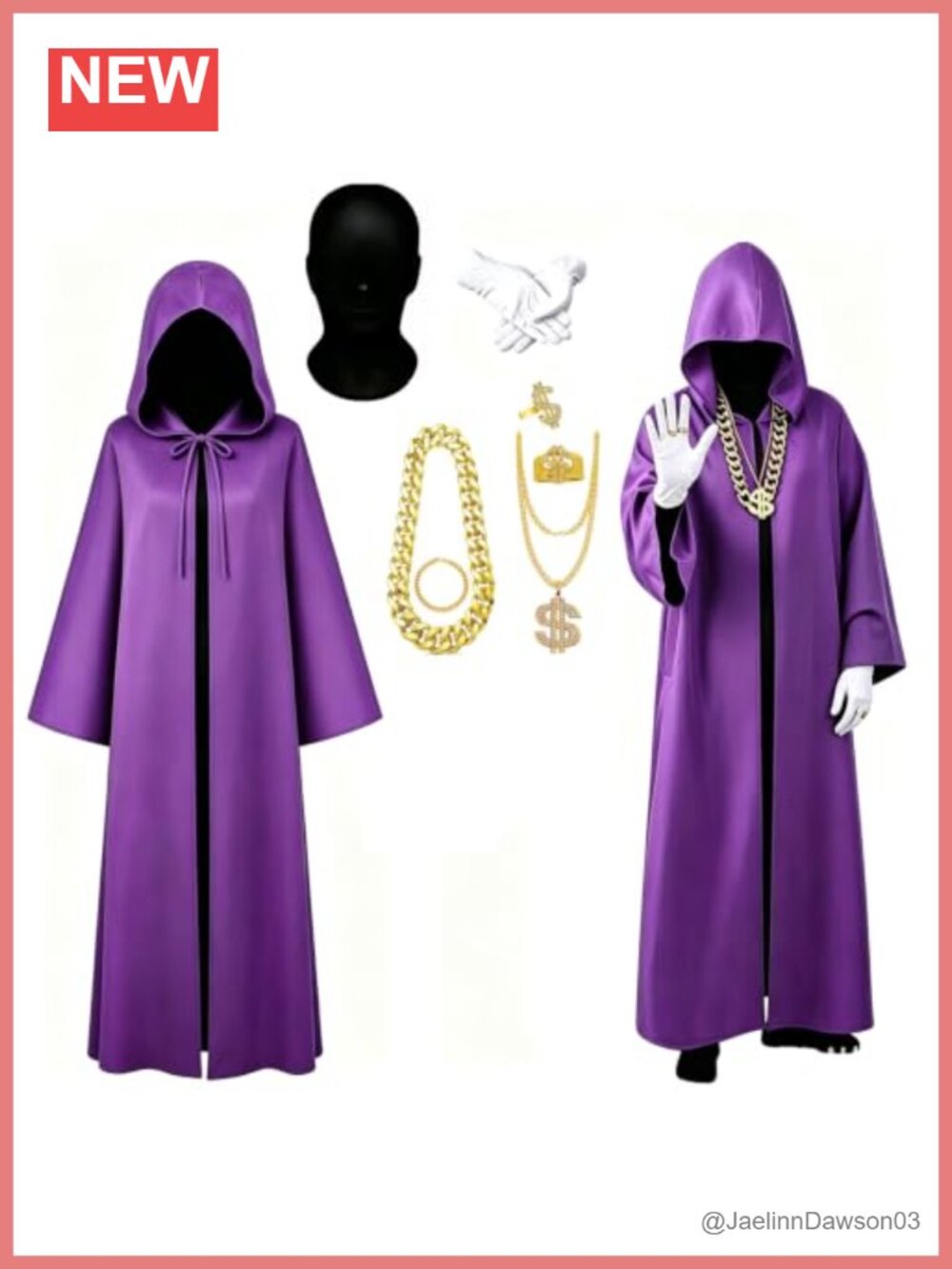 Men Hooded Robe Cosplay Set Mask Gloves Gold Chain Necklace Rings Polyester